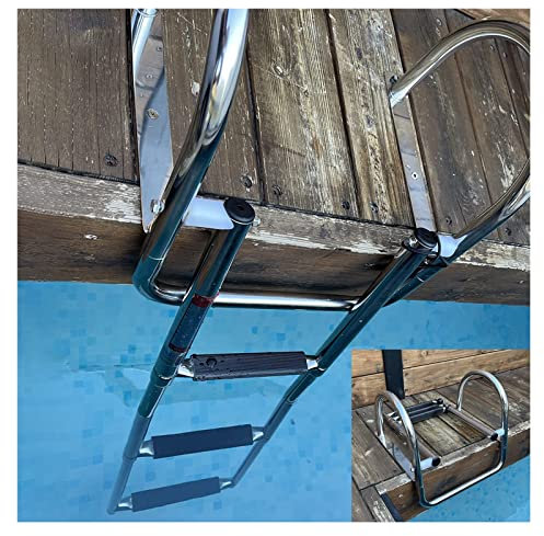 Badeleiter Boot Poolleiter Teleskopische 3-Stufen-Leiter für Pool Boot Dock, Ponton Marine Zusammenklappbar Teleskopierbar Heckeinstiegs-Bordleitern mit Handgriff und breitem Pedal, Badeplattform-Leit
