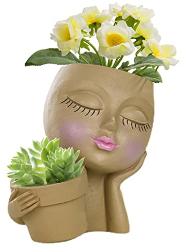 Jimtuze Fleurs en Résine avec Drainage - Pot Planteur Succulent Résine Pot Visage Femme Petits Fleurs avec Drainage pour Plan D'intérieur Et D'extérieur pour Maison, Bureau, Décoratio