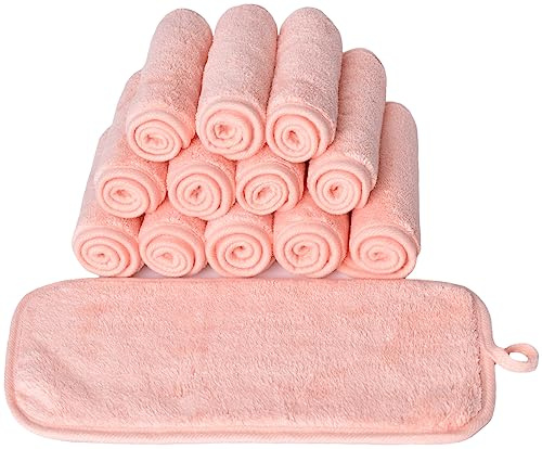BloomSesame Makeup Remover Cloths for Face, Eye, Lips - Reusable Makeup Remover Pads Soft Microfiber Facial Cleansing Cloths 6 x 12 inch 12 Pack (Coral)