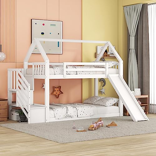 Azkoeesy Letto a castello con scivolo e scale, 90 x 200 cm, letto per bambini a forma di casa, con rete a doghe e protezione anticaduta, bianco