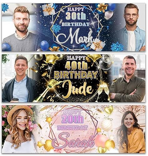 Personalisierbarer Stoff Happy Birthday, 60 x 182 cm, Foto-Banner, individuelles Foto-Name, Alter, Poster, Kinder-Party-Banner, Geschenkdekoration, 18., 20., 30., 40., 50., 60., 70