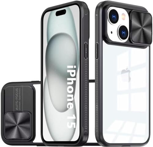 OUBELI Cover per iPhone 15 Protezione fotocamera con custodia a scorrimento, trasparente rigido PC Back Cover e silicone TPU Bumper Antiscivolo AntiGraffio Antiurto Case- Nero