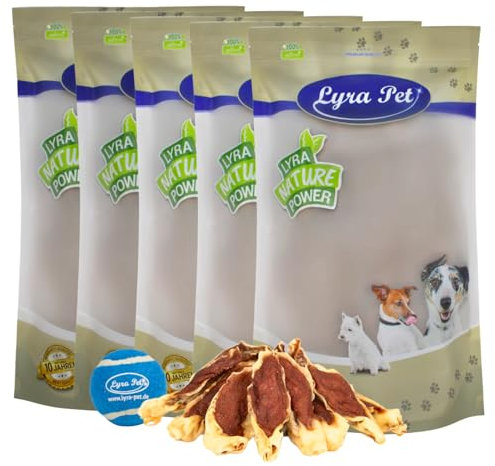 Lyra Pet® | 5 kg Kaninchenohren gefüllt mit Huhn + Tennis Ball | Getrockneter Kausnack | Wiederverschließbarer Beutel | Fettarmes & Gut Bekömmliches Hundefutter | Ideal als Belohnung für Hunde