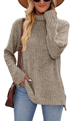 Famulily Womens Long Sleeve Turtleneck Fall Winter Jumper Sweaters, Ladies Side Split Tunic Tops Plus Size (M, Coffee)