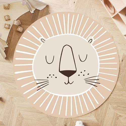 ARUGYTEI Teppiche fürs Kinderzimmer Kleiner Löwe Muster,Ivory Cream, ø 160 cm, Kinderteppich Rund Babyteppich Schlafzimmer Wohnzimmer Spielteppich Babymatte Kindermatte Babyzimmer,