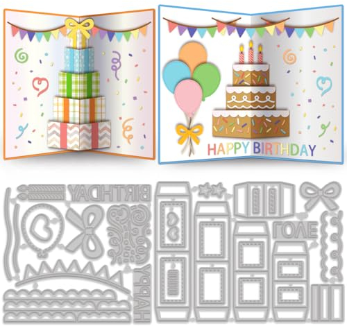 MAYJOYDIY 3D Pop Up Geschenkbox Geburtstags Stanzformen Kuchen Schleife Kerze „Happy Birthday“ Muster Metall Stanzungen Aus Karbonstahl Prägung Für Kartengestaltung Fotoalbum Scrapbooking Dekor