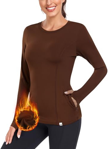 Soneven Damen Thermo Fleece Laufshirts mit Taschen Langarm Workout Tops mit Daumenlöchern Active Yoga Tops, 116 - Braun (Taschen), Mittel