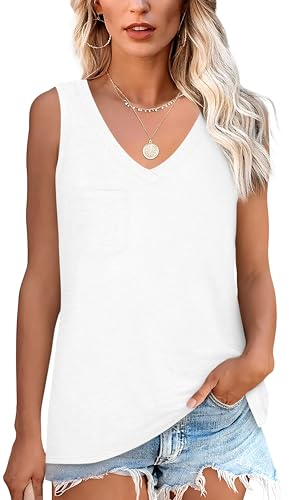 NONSAR Armelloses Shirt Damen Basic Sommer Elastische Tank Top mit V Ausschnitt Lässige Trägershirt mit Tasche Locker Top Bequeme Unterhemden(9362XL,Weiß)