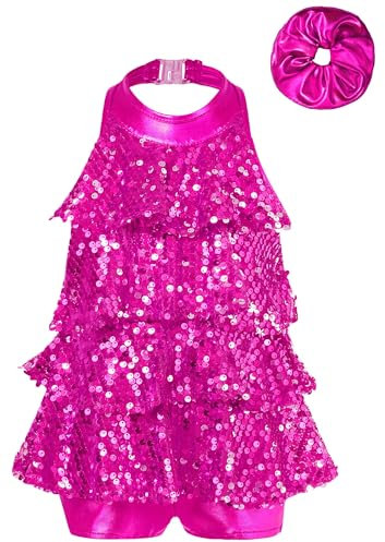 inhzoy Vestito da Ballo Latino Americano Bambina Abito da Pattinaggio Artistico con Paillettes Lucide Abito da Balletto Ballo Tango Moderno Jazz Costume da Danza Samba Rosa Rosso 9-10 Anni