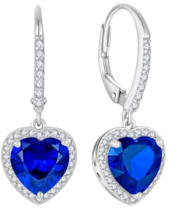 FJ Herz Hängend Ohrringe Damen 925 Sterling Silber Halo Ohrringe Saphir September Geburtsstein Schmuck Geschenke für Frauen Mutter Freundin Mama