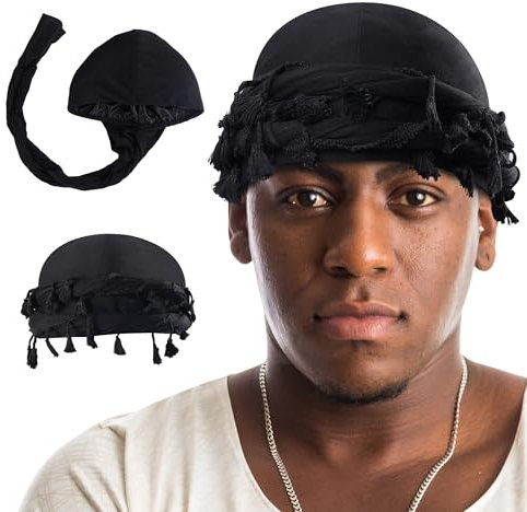 Turban für Herren, 2 Stück, mit Satin gefüttert, Halo-Turban mit Quaste, Durag Kopfwickel für Männer und Frauen, Schlafhaube für Zöpfe, Totenkopfmütze, Beanie, Twist, Schwarz, Schwarz, Einheitsgr��e