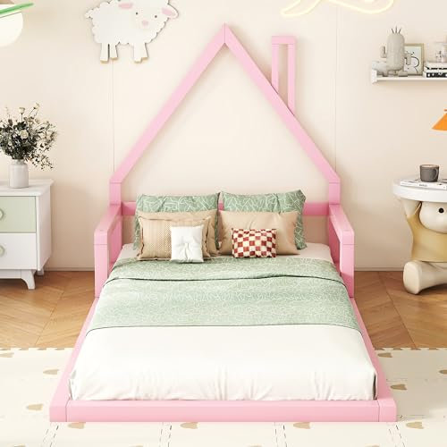 MQLAE Hausbett Bodenbett 90x200, Babybett Kinderbett Rausfallschutz, Bettenhaus aus massivem Kiefernholz, Bett für Jungen und Mädchen, kinderzimmer deko, Kinder Bett Rosa