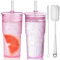 ALINK Pinke Glasbecher mit Glasdeckel und Strohhalmen, 625 ml, hohe Borosilikatglas, klare Eiskaffee-Glasbecher, Trinkglas, Smoothie-Tee-Wasserbecher, 2 Stück, mit Reinigungsbürste