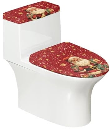 Biyejit Christmas Santa Clause Toilet Lid Cover and Toilet Tank Cover Set Reusable Toilet Tank Protector Elastic Portable Bathroom Essentials Universal Home Hotel Decoration 2 Pcs