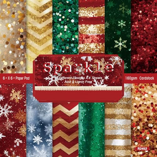 Scrapbook Papier Winter Schneeflocken Scrapbooking Papiere mit Funkeln Muster, 48 Blatt Einseitiges Decoupage Papier Block, Buntes Dekorpapier für DIY Kartenherstellung, 15.2x15.2 cm