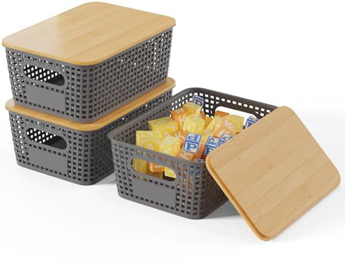 Shrivee 3er-Set Aufbewahrungsbox mit Bambus Deckel, 5L Aufbewahrungskorb, Kunststoff Korb Aufbewahrung, Küchen Aufbewahrungsboxen für Regale, Schränke, Schränke und Zuhause (Dunkelgrau)
