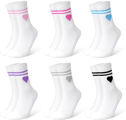HAGOT 6 Paar Damen Tennis Socken, Tennissocken Damen, Frottee Sohle Atmungsaktiv Baumwollsocken, mit Streifen Herz Weiß Tennis Socken