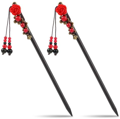 2uds Palillos Chinos Cabello, Retro Vintage Horquilla Madera Rosas Horquilla China Estilo Asiático Japonés Chinese Hair Stick Pasador Tradicional Hanfu Accesorios para Cabello Largo Mujeres