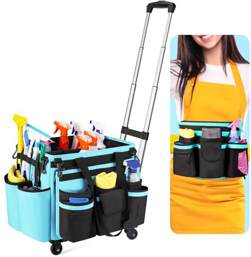 Homward Rolling Cleaning Organizer Bag, 40L Capacity Large Cleaning Tote Caddy Organizer with Handle for cleaning supplies, Trolley Cleaning Cart on Wheels for Housekeeping House Cleaners(Lit Blue)