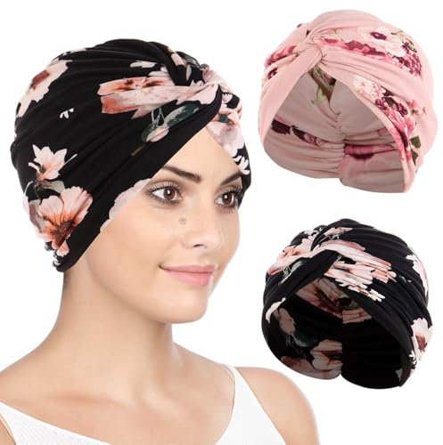 ZhongShuang 2 Stücke Frauen Chemo Hüte, Chemo Kopfbedeckung Damen, Turban Damen, Haartuch Zum Schlafen, Mütze Vorgebundenes Kopftuch Headwraps Leichte Hut Headwear, Pleated Beanie Hat