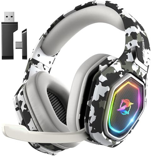 Cuffie Gaming Wireless per PC/Ps5/Ps4, 2,4GHz Wireless+5.3 Bluetooth, Cuffie con Microfono 7.1 Qualità Audio Senza Perdita di Bassa Latenza, Durata di Oltre 30+ Ore, mimetico