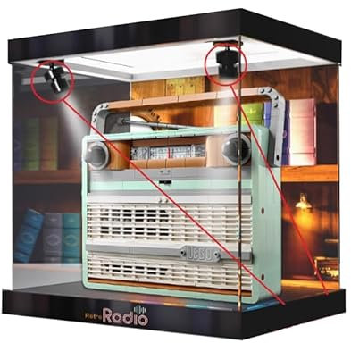 HCAEIOFJ Vetrina in acrilico trasparente per icone Lego 10334, applicabile per radio retrò 3 in 1, regalo (solo vetrina) (parte inferiore nera + luce superiore)