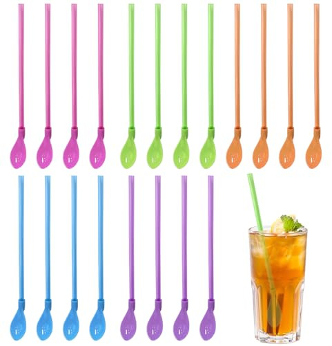 IGXX 20 Stück Slush-Strohhalme, Smoothie-Strohhalme, farbiger 2-in-1-Löffel, wiederverwendbarer Löffel für Smoothies, Milchshakes, Kaffee und Cocktails