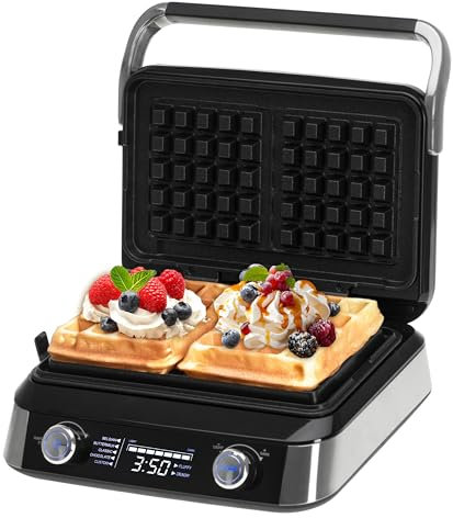 ADLER EUROPE Waffeleisen Belgische Waffel – Doppelwaffeleisen mit LCD Display – 2400W Waffelautomat für Butterwaffeln & Schokoladenwaffeln – 5 Programme, 7 Bräunungsstufen – Tief-Heizplatten 12x13x2cm