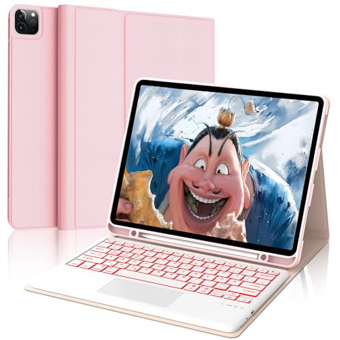 FOGARI Hülle mit Tastatur für iPad Pro 12.9 (6/5/4/3 Gen), 7 Farben Beleuchtung, Multi Touch Trackpad, Deutsches QWERTZ Magnetisch Abnehmbarer Bluetooth Tastatur für iPad 12,9 Zoll, Rosa