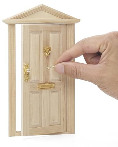 Odoria Wichtel Tür Puppenhaus Miniatur: 1/12 Maßstab Holztür für Fee Garten Elf im Freien - DIY Türklopfer Schloss mit Schlüssel - Mini Gebäude Möbel Außenschlagtür Unlackiert, Spitz Zulaufend