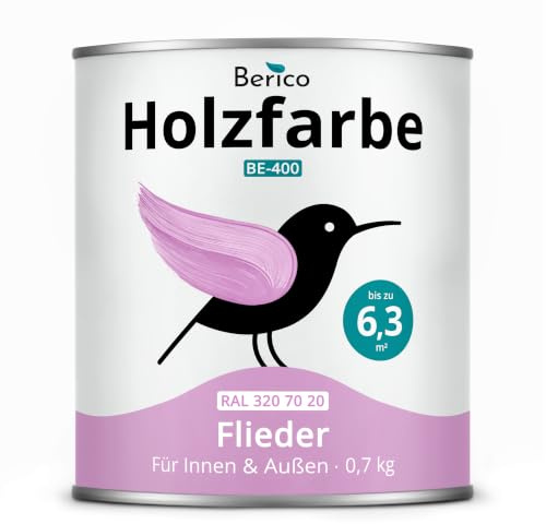 Berico Holzfarbe 0,7 Kg - 4in1 Premium Holzlack - RAL 3207020 Lila Flieder | Robuster Holz- & Wetterschutz inkl. Grundierung, für Innen & Außen, schnelle Trocknung, hohe Deckkraft