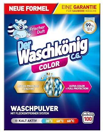 Der Waschkönig C.G. Color Waschpulver 6 kg, 100 Waschladungen, ab 30 °C | Flecklösend, vollständig löslich und hautschonend