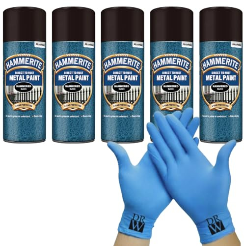 Hammerite Direct to Rust Metal Spray Paint Hammered Black 5X 400ml + Free Nitrile Gloves | Fast-Drying Aerosol, Durable Rust Protection for Indoor & Outdoor Metal
