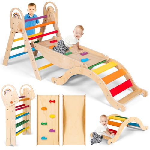 MnnktClair Montessori-inspiriertes Pikler-Dreieck aus Holz, platzsparendes Indoor-Dschungel-Fitnessstudio mit umwandelbarer Rampe, abnehmbarem Bogen und stabiler Leiter