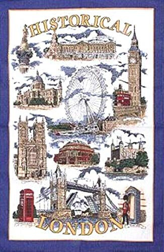 Historical London Tea Towel Souvenir Gift Big Ben Tower Bridge Nelson Telephone Box Buckingham Palace by Elgate