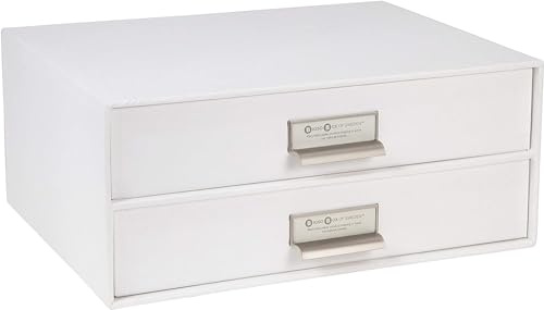 Bigso Box of Sweden Birger 2-Drawer Fiberboard Label Frame Document Letter Box | Desktop Drawers for Loose Papers, Documents & More with Metal Label Holder | 13.1 x 10 x 5.7 | White