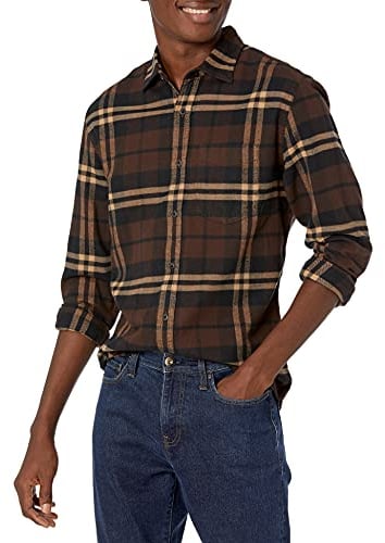 Amazon Essentials Herren Langarmhemd aus Flanell (in Übergröße erhältlich), Dunkelbraun Karomuster, L