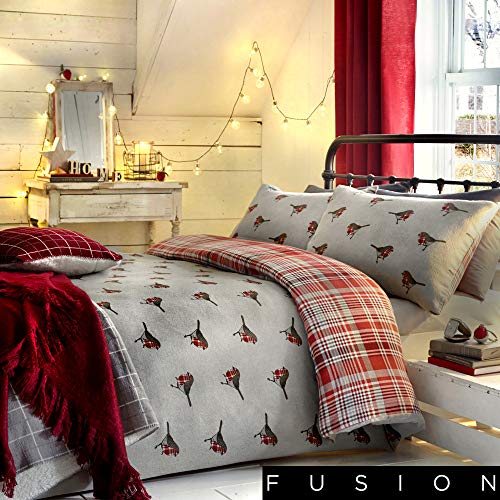 Fusion Robin Classic Tartan-Vorder- und Vogel-Rückseiten-Bettbezug-Set, Baumwolle, Mehrfarbig, Einzelbett