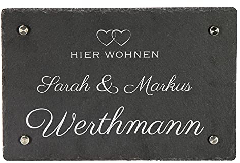 LAUBLUST Türschild Schiefer Personalisiert - Herzen Motiv - Haustürschild mit Name - 3 Größen, 4 Edelstahl Wandhalter
