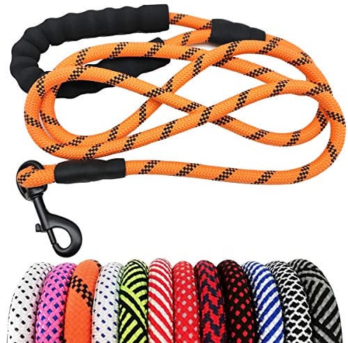 MayPaw Heavy Duty Rope Dog Lead, 3/4/5/6/7/8/10/12/15 FT Nylon Pet Leash, Soft Padded Handle Thick Lead for Large Medium Dogs (1/2 * 6', Orange Black)