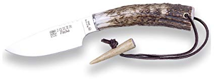 Joker Jagdmesser CC106 Flecha, 11 cm Klinge, Überlebensmesser mit Hirschhorngriff, Edelstahl-Fingerschutz, Gürtelmesser mit brauner Lederscheide, Werkzeug zum Angeln, Jagen, Camping und Wandern