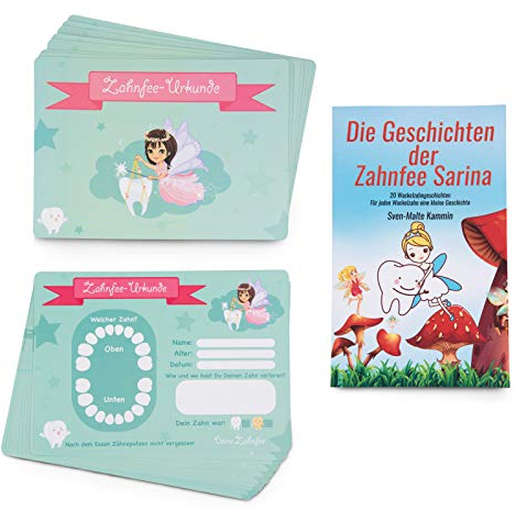 ZWEN Zahnfee Urkunden (20 Stk) I Zahnfee Geschenk für Mädchen & Jungen + GRATIS E-Book mit 20 Zahnfee Geschichten für alle 20 Milchzähne I Süße Zertifikate als Zahnfee Geschenke