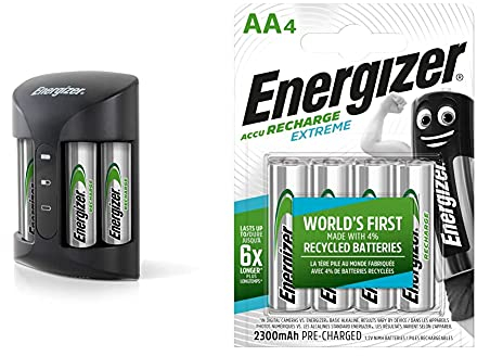 Energizer Ladegerät Batterien, Recharge Pro, für Wiederaufladbare Batterien der Größen AA und AAA & Akku AA, Recharge Extreme Akkus, 4 Stück
