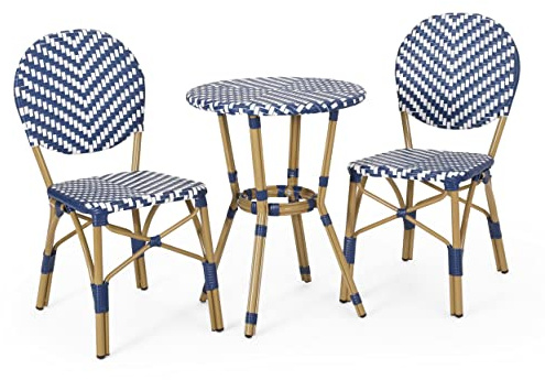Christopher Knight Home Picardy Bistro Set, Navy Blue + White + Bamboo