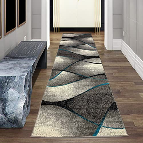 Teppich-Traum Flur Läufer modern Wellen Design in blau grau anthrazit - pflegeleicht & strapazierfähig (Ökotex) Größe 80 x 300 cm