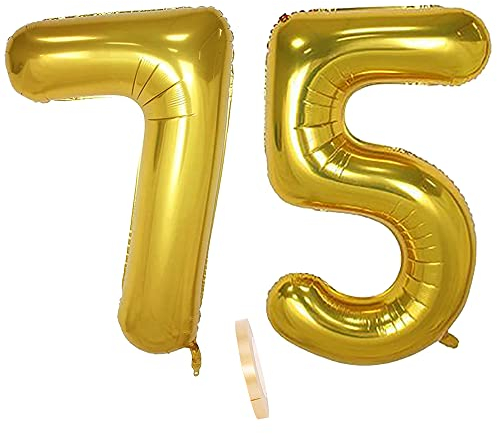 Folienballon Zahl Deko Gold 75 für Frauen Männer, XXL 100cm Riesen Nummer Aufblasbar Helium Ballon Figuren Zahlen Luftballons für 75. Jahre Mann Frau Geburtstag Hochzeit Jubiläum Party Dekoration