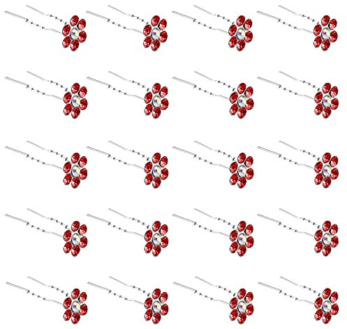 ZOUIQSS 20 Pack (Rouge) Épingles à Cheveux Fleur de Cristal Pinces à Cheveux Strass pour Mariée Mariage Femmes Bijoux de Cheveux Accessoires, avec Récipient Transparent