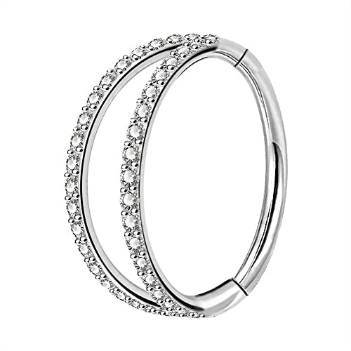 OUFER Body Piercing Doppelreihige Creolen mit klarem Zirkonia, Pavé-Fassung, 16 G, 316L Edelstahl, 8 Millimeter, Edelstahl