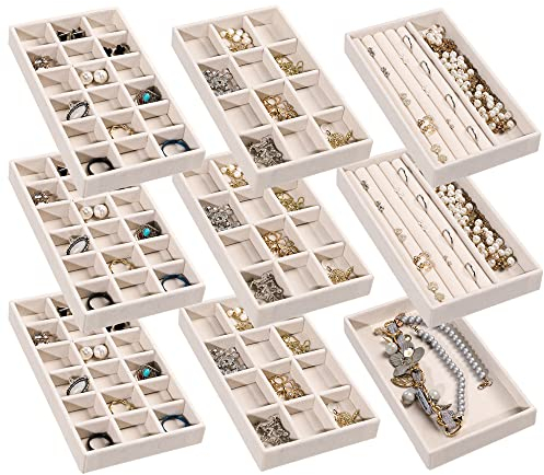 Frebeauty Jewellery Organiser Tray,Stackable Velvet Jewellery Trays,Drawer Inserts Earring Organiser For Women Girls Jewellery Storage Display Case for Rings Stud Necklaces,Set of 9(Beige)