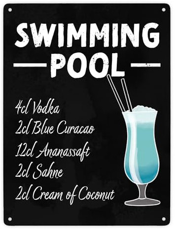 Metallschild XXL in 28x38 cm mit Cocktailrezept für Swimming Pool dekoratives Metallschild XXL in 28x38 cm mit Zutatenliste für Cocktails als Deko für deine Bar oder die Küche